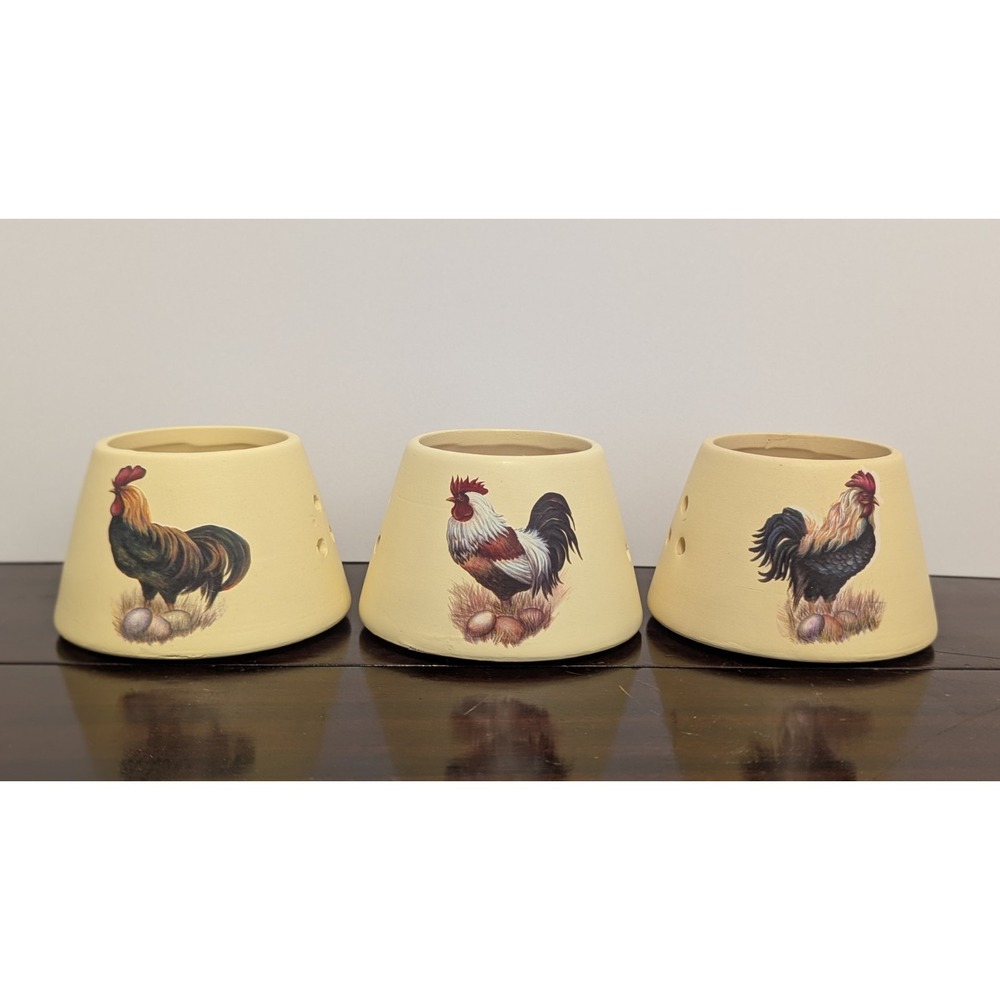 Set of 3 Rooster Ceramic Candle Shades Farmhouse Country Votive Tealight Covers